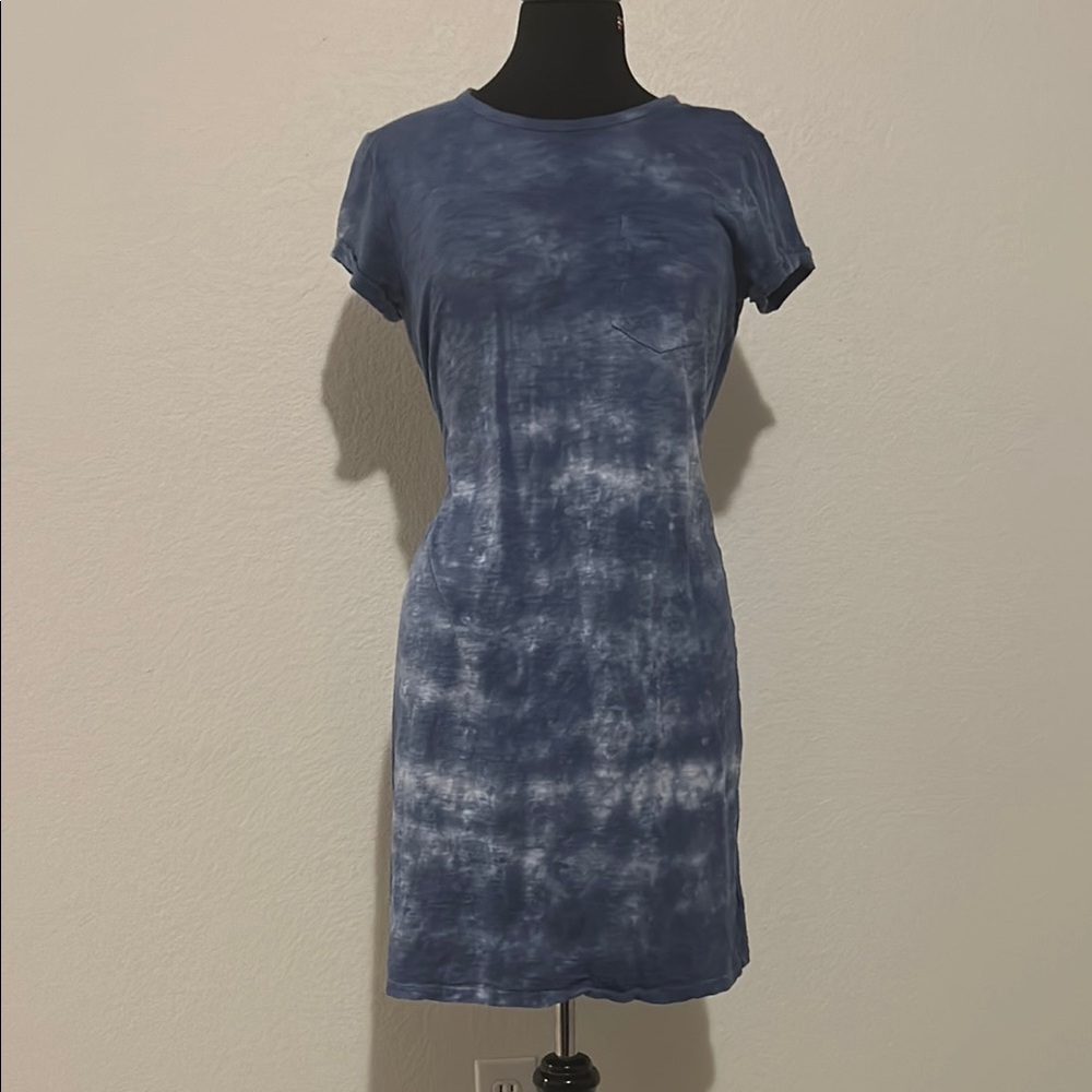 Casual Comfy Blue Tie-Dye T-Shirt Dress w Pocket